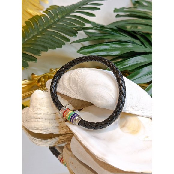 🍑Gay Pride Rainbow LGBTQ Braided Black Leather Magnetic Closure Bracelet - Picture 7 of 9
